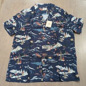 $138 Mens Faherty "Sea and Sky" Print SS Button Up Camp Shirt Blue Small